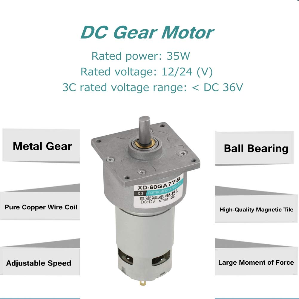 Gleichstrommotor, 12V / 24V Mikromotor Metallgetriebemotor Drehzahl einstellbar 10-600 U/min 35W CW/CCW Motor mit niedriger Drehzahl(12V 5rpm)