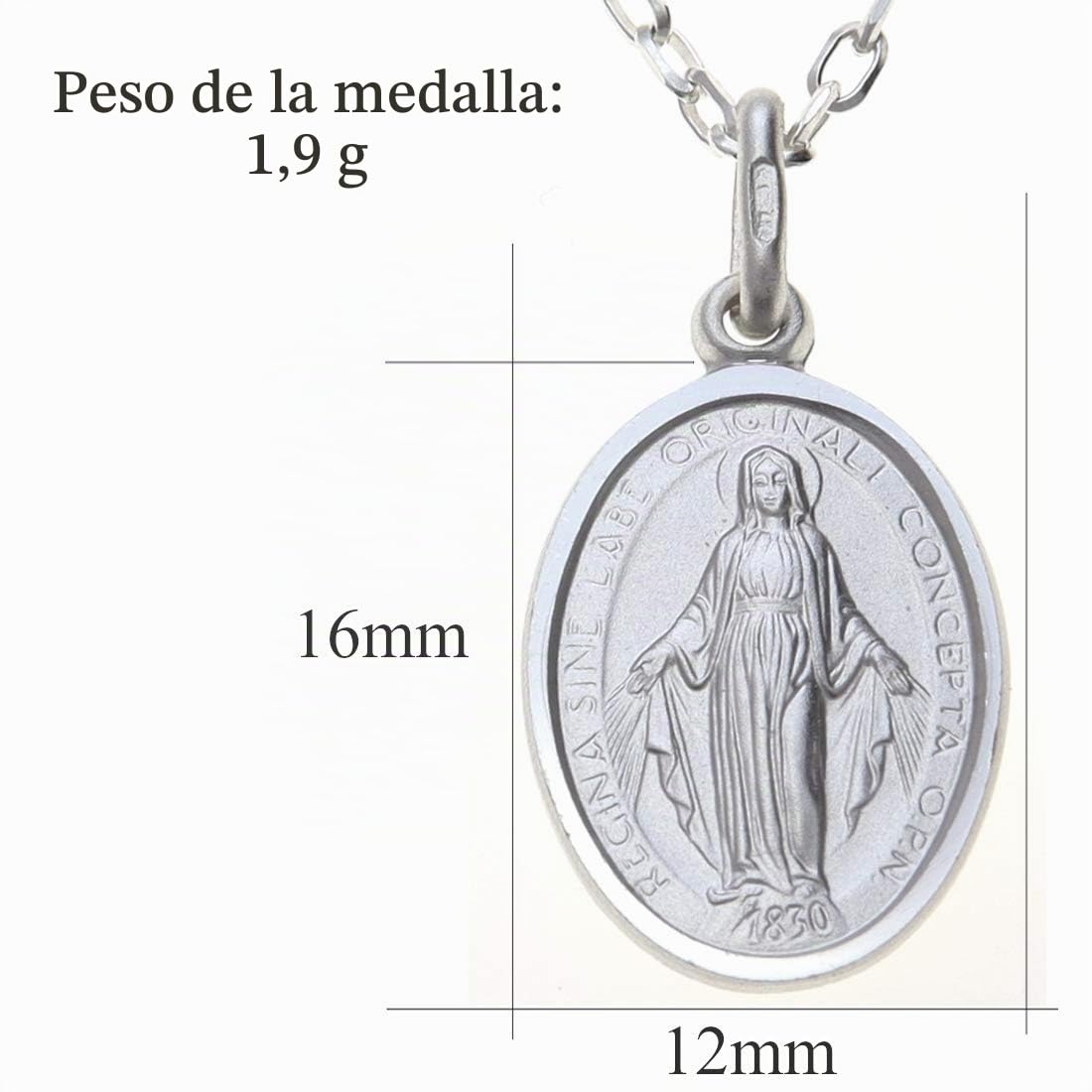 Medalla Colgante de Plata de Ley de la Virgen Milagrosa, con Cadena 18 pulgadas - 16 mm.