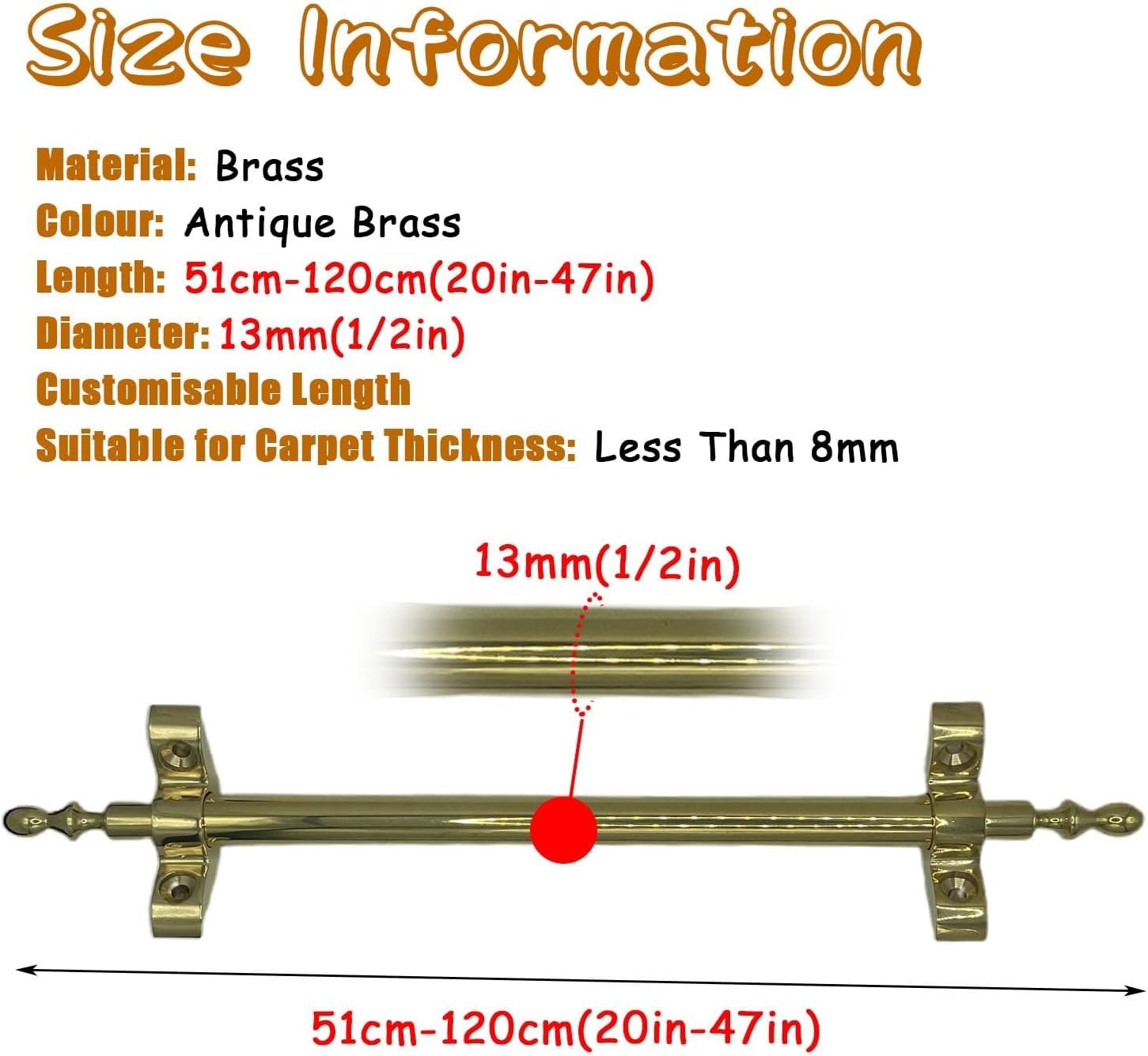 Stair Fixing Rods for Wooden Steps, Stair Rods Carpet Rods for Stair Runners, Elegant Brass Runner Tubular Bars with Screws, Indoor Decor Stairs Rug Clips(Brass-10pcs,22in/56cm)