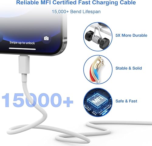 Miniatura 4 de Cargador rápido para iPhone certificado MFi, 3 unidades de 20 W de doble puerto QC + PD 3.0 Power USB C adaptador de cargador de pared con cable
