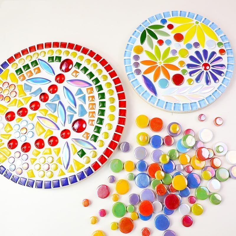 Miniatura 7 de Azulejos de mosaico de vidrio iridiscente redondos al azar de 1.1 libras, haciendo piezas creativas de mosaico de vidrio iridiscente para