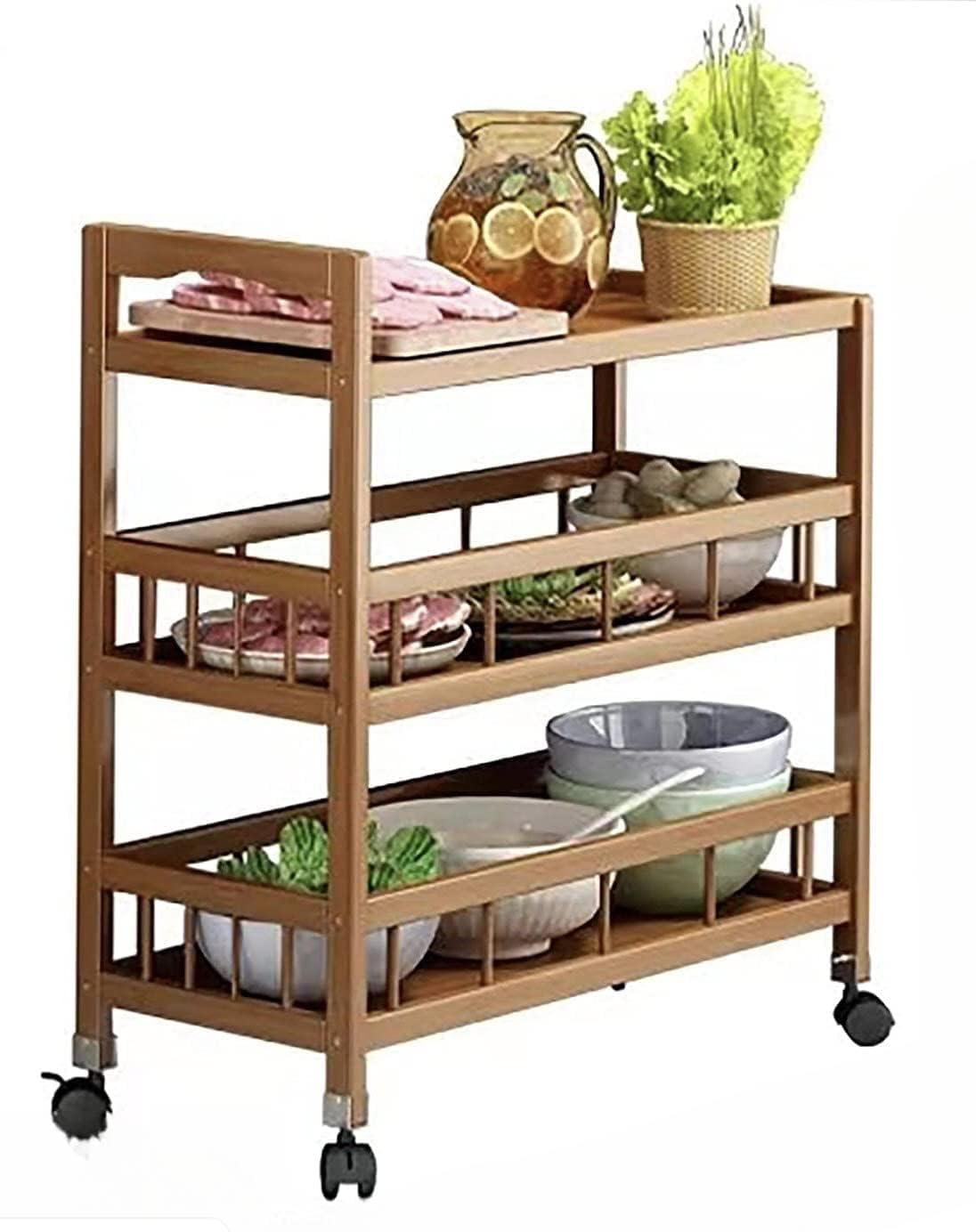 Ketumal 3-Tier Bamboo Serving Trolley - Wooden Rolling Cart with Multi-Layer Storage Shelves (82H x 50W x 30L cm)-image-4