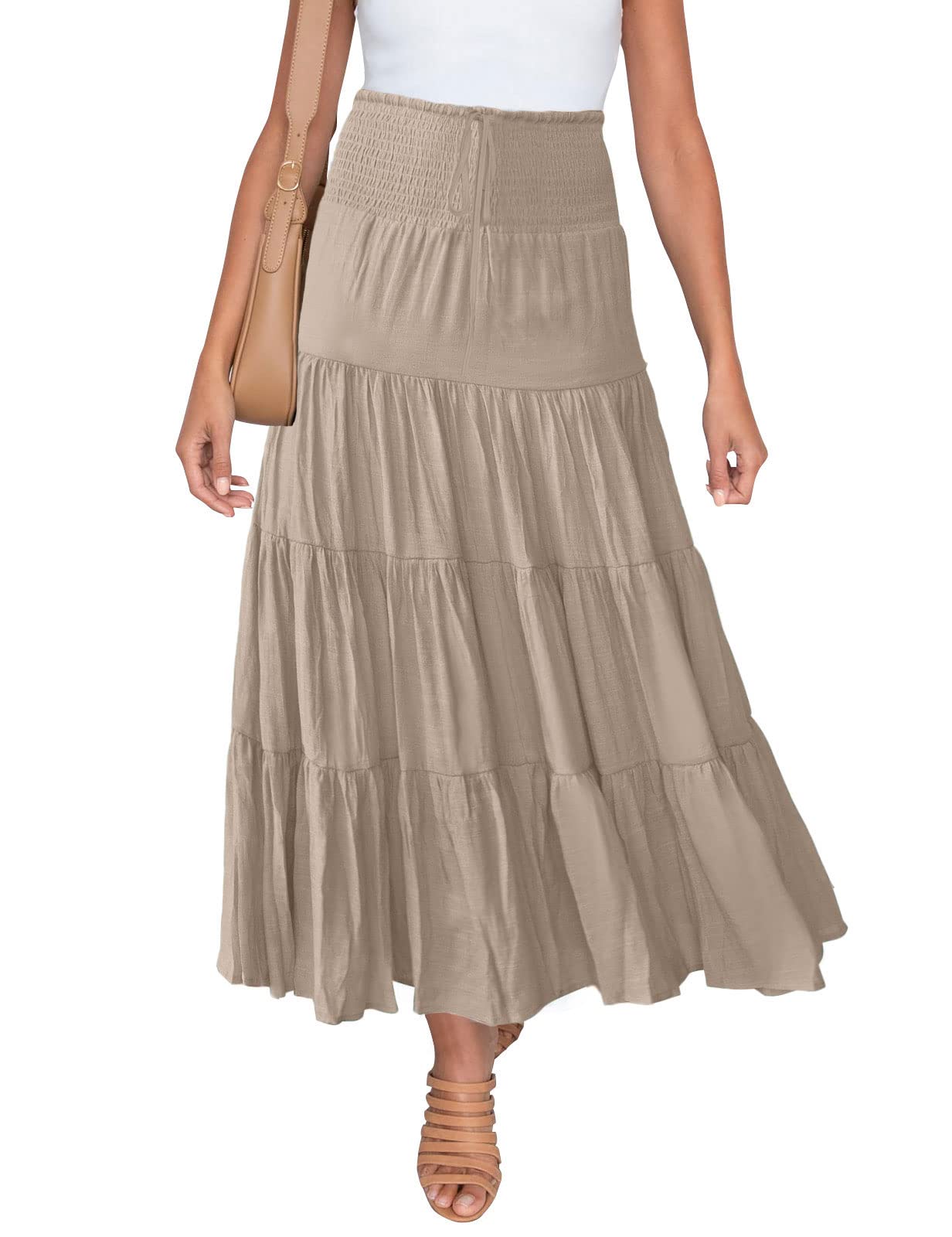 HAEOFWomen's Summer Flowy Boho Maxi Skirt Trendy Smocked Waist Ruffle Tiered A Line Casual Beach Long Skirts Midi Dress