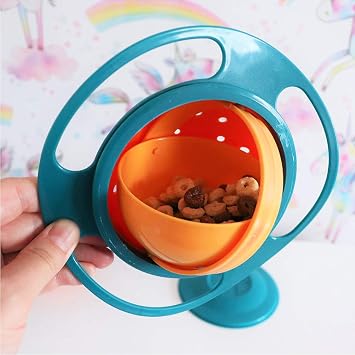Gyro Bowl Funny 360 Degree Rotate Spill-Proof Bowl with Lid Feeding Without Mess Toy for Toddler Baby Kids Children,Blue