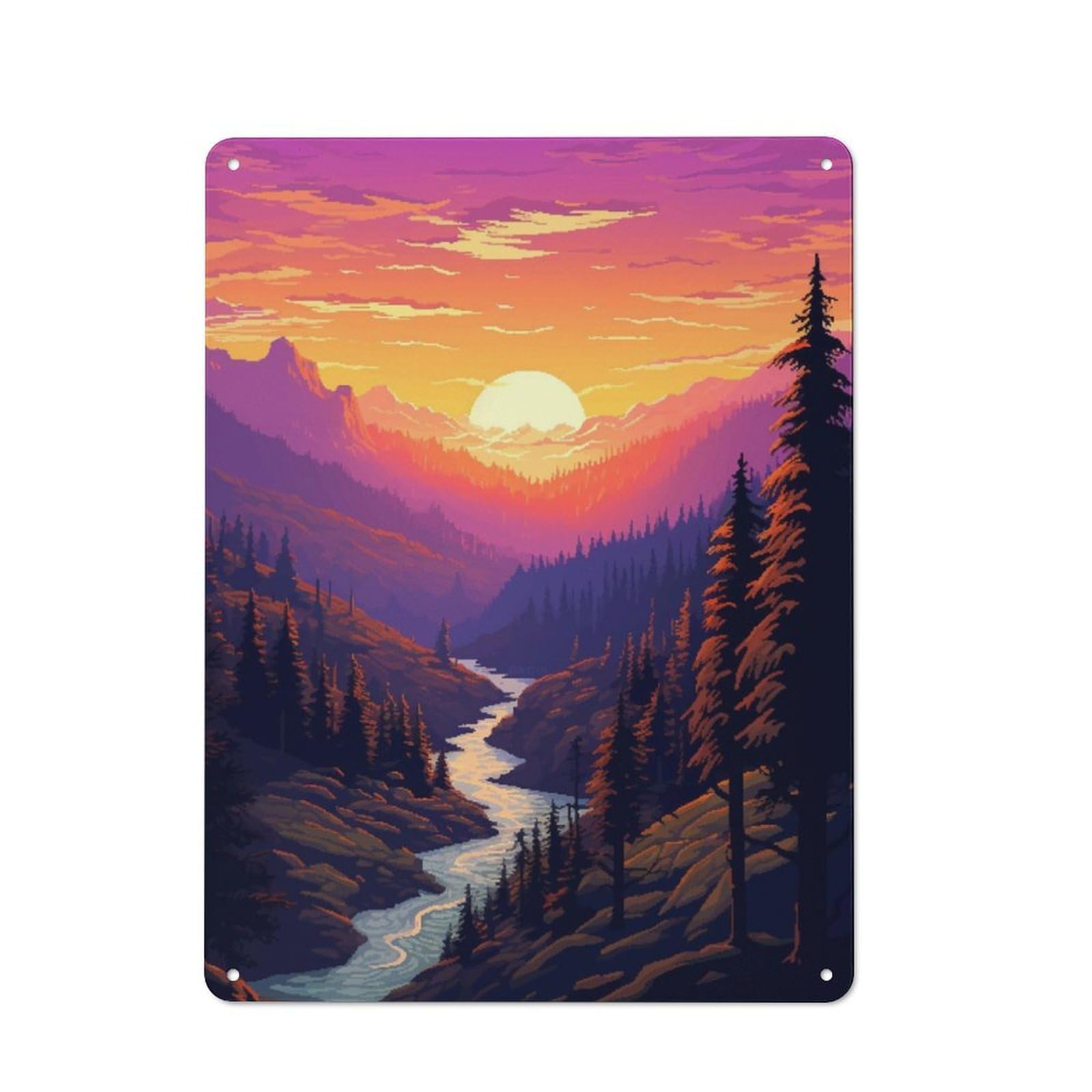 Classic Metal Plaque 40x30cm Featuring Forest Sunset Pixel Art, Bistro Wall Plaque for Kitchen, Cafe, Pantry Or Dining Room
