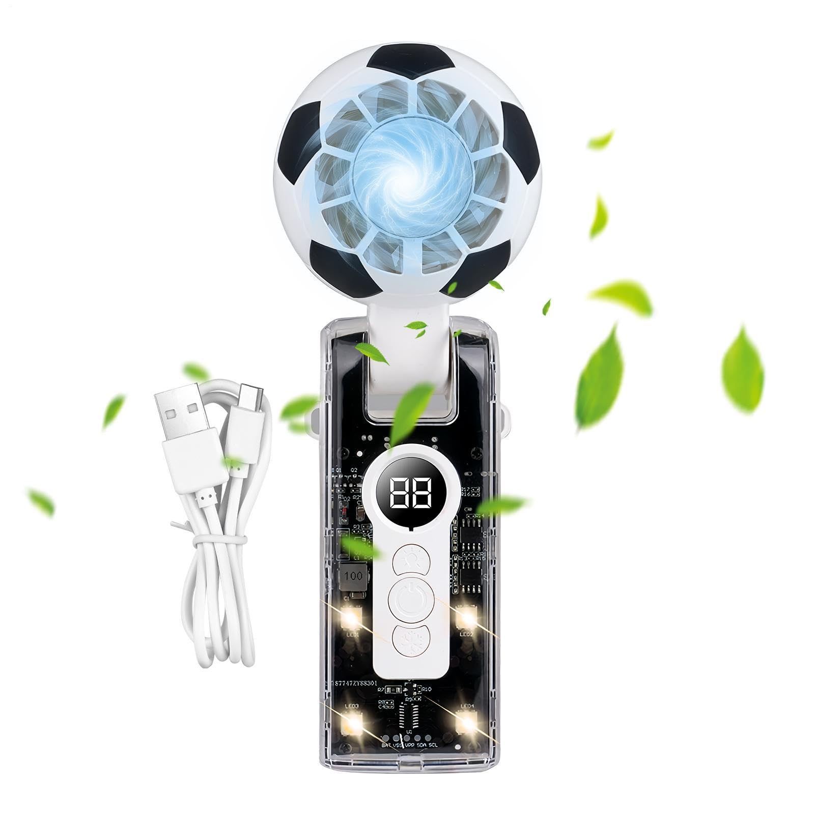 Ventilador portátil de mano con estructura plegable y diseño compacto de fútbol