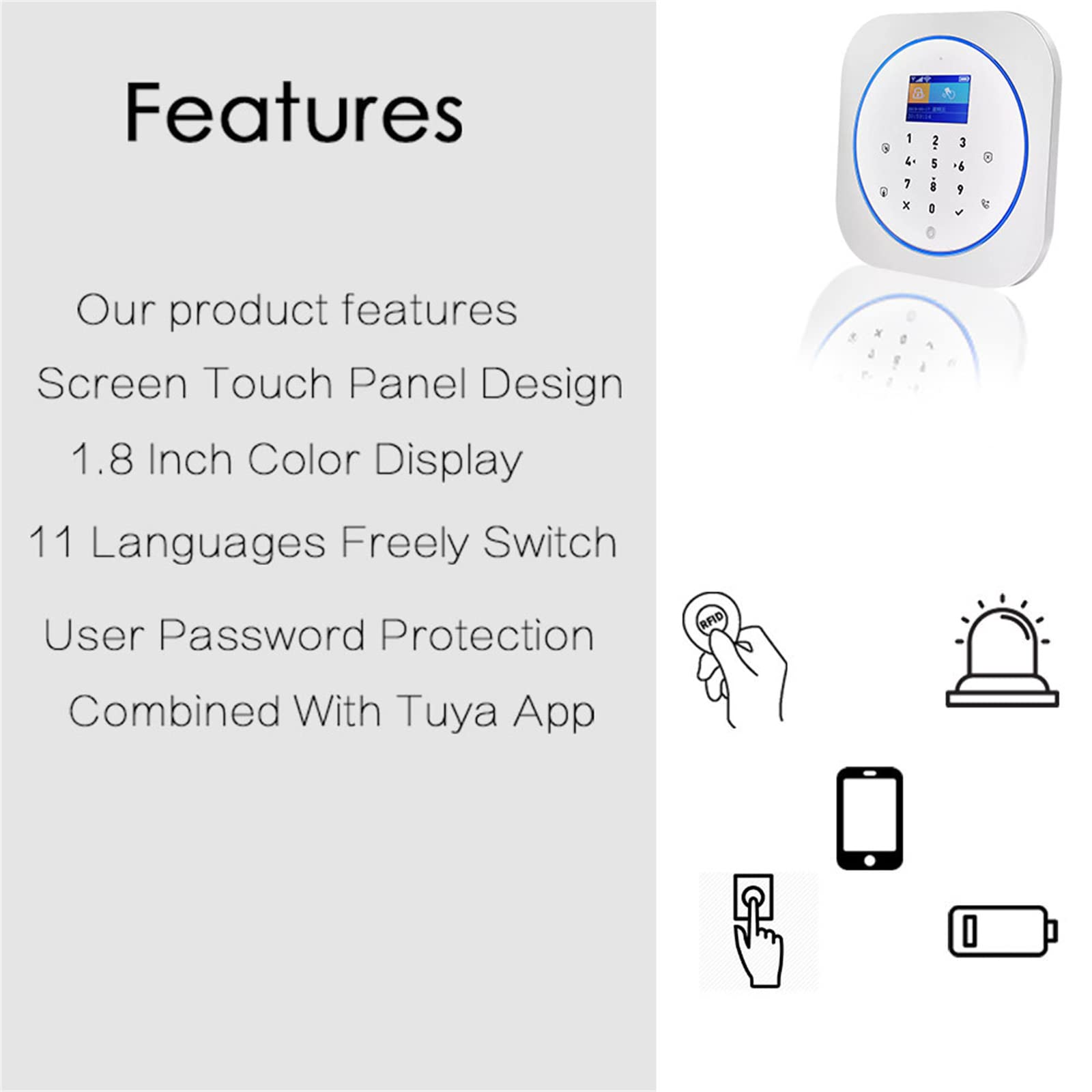 SXA Sistema di Sicurezza Allarmi, Allarme Antifurto Domestico WiFi Wireless 433 MHz gsm TFT LCD Tastiera Touch 11 Lingue E Controllo App TUYA WiFi per L'home Office,B
