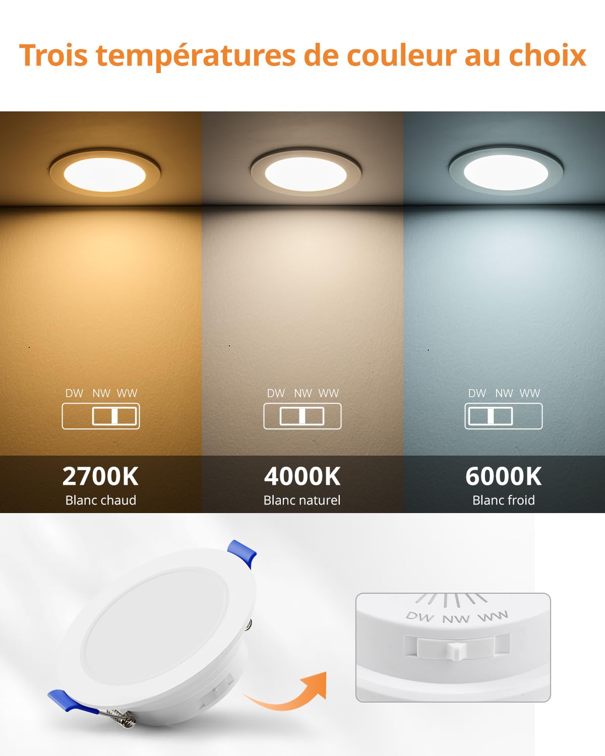 Wowatt Spot Led Encastrable Dimable 6W, IP65 pour Salle de Bain - Blanc Chaud 2700K, Neutre 4000K et Froid 6000K, 700LM Encastrés Trou 68-80mm, Lot de 10