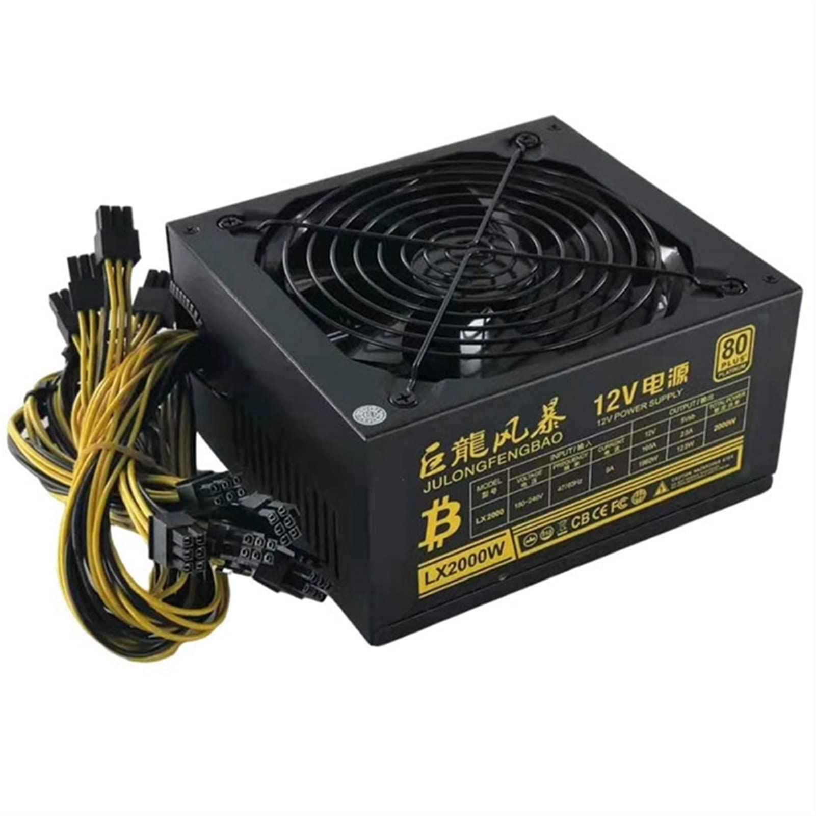 2000W Bitcoin Dogecoin Asic Mining Power Supply,Gold 90+ PSU Power Supply for 8 GPU Gtx Series Eth Rig Ethereum Miner-140MM Quiet Fan and 8 x SATA / 24-PIN / 8-PIN CPU / 6 x IDE / 6+2PIN*16