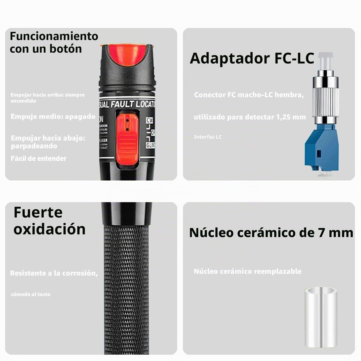 Localizador visual de fallas de 50mw, probador de fibra óptica VFL Probador de cable de fibra óptica con adaptador monomodo 9/125um FC macho a LC hembra