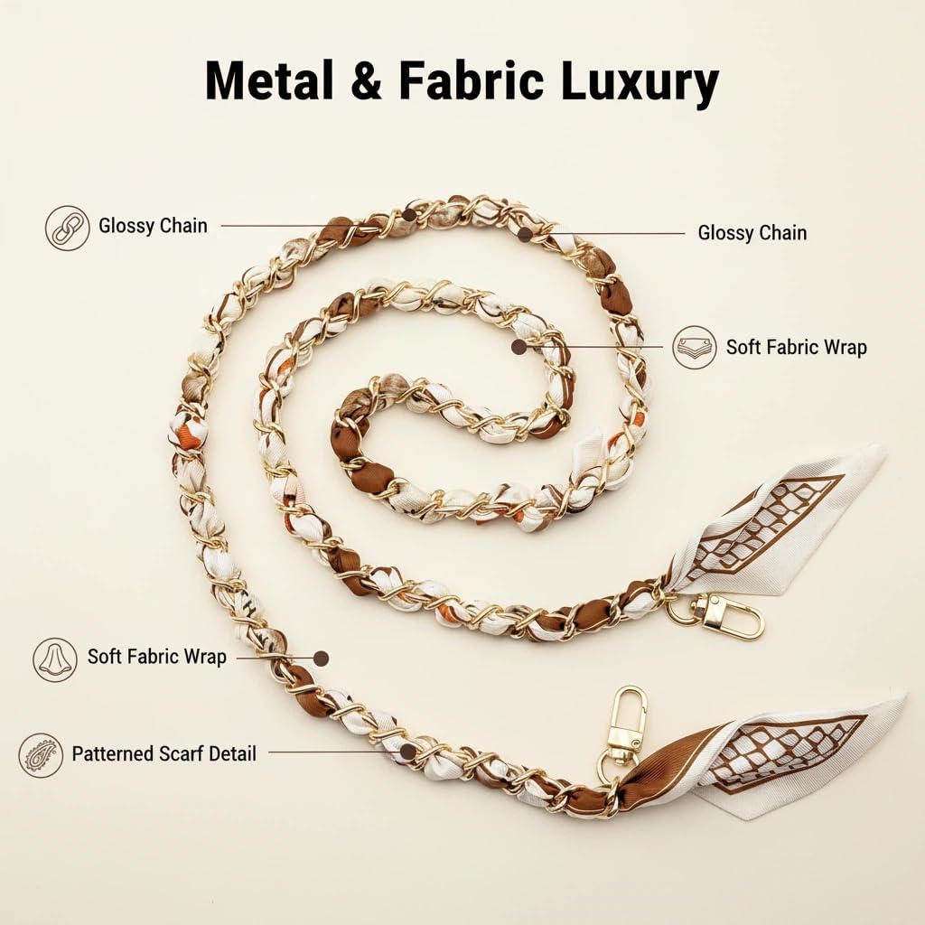 Golden Decorative Bag Chain Woven with Silk Scarf,Crossbody Bag Shoulder Handbags,Thin/Thick Purse Chain Straps Replacement Strap for Bags (47in,Light Brown) image 3