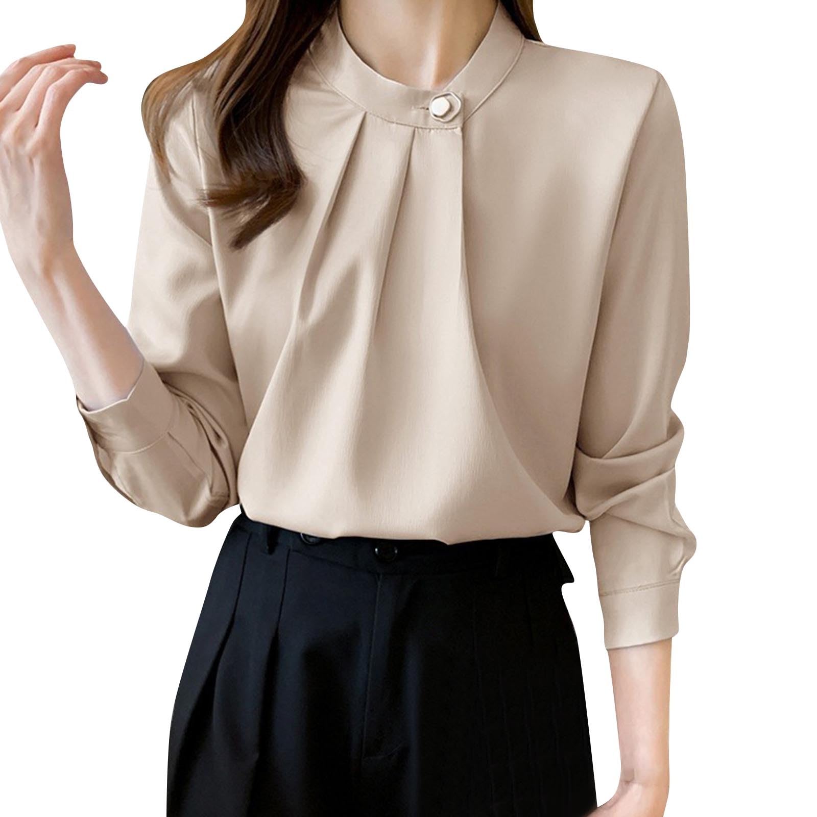 Women's Long Sleeve Tops Dressy Casual Mock Neck Office Work Blouse Fall Fashion Front Pleated Tunic Chiffon Shirts