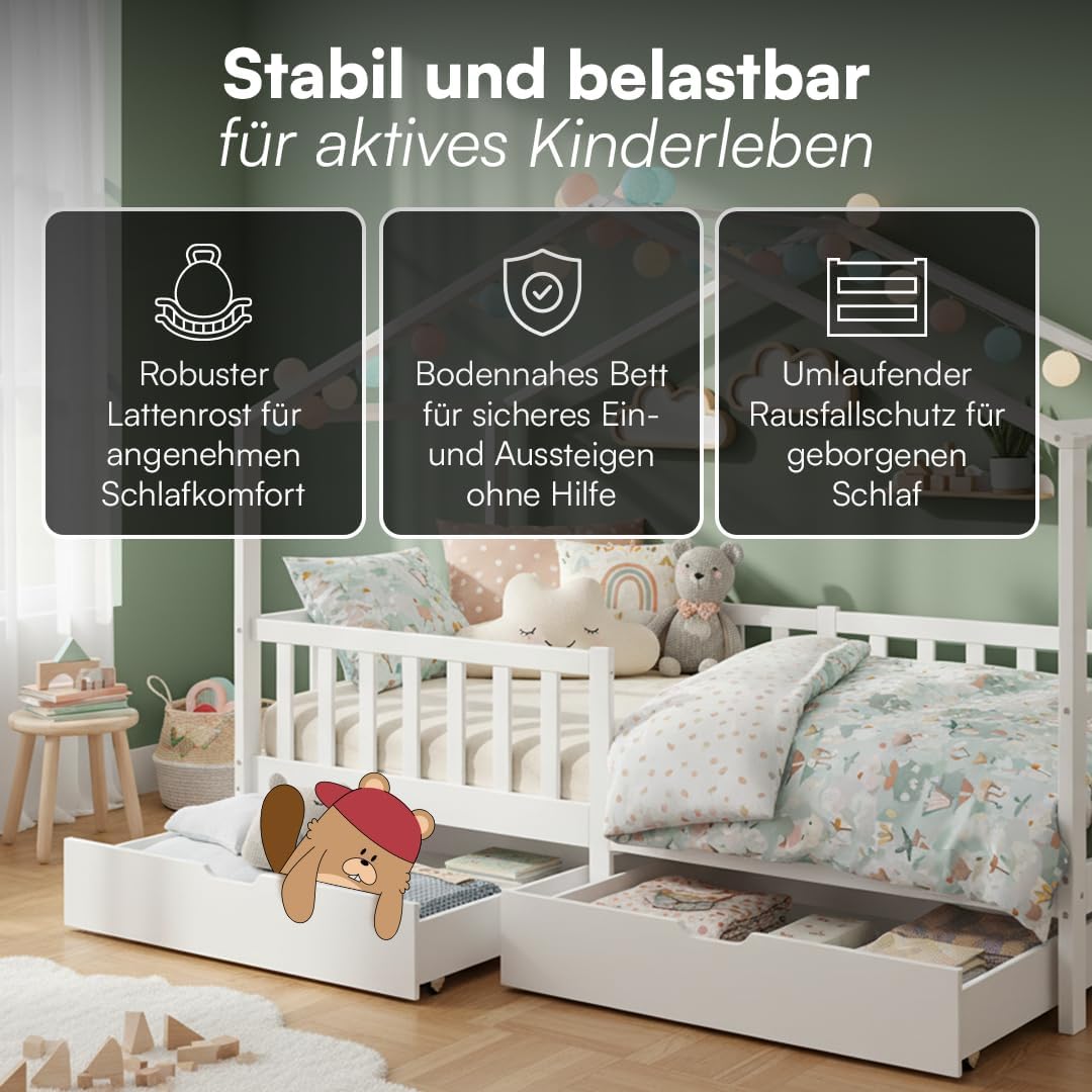 Bellabino Bia Kinderbett 90x200 cm Hausbett mit Rausfallschutz Lattenrost 2 Schubladen Montessori Bett Massivholz Kiefer Weiß