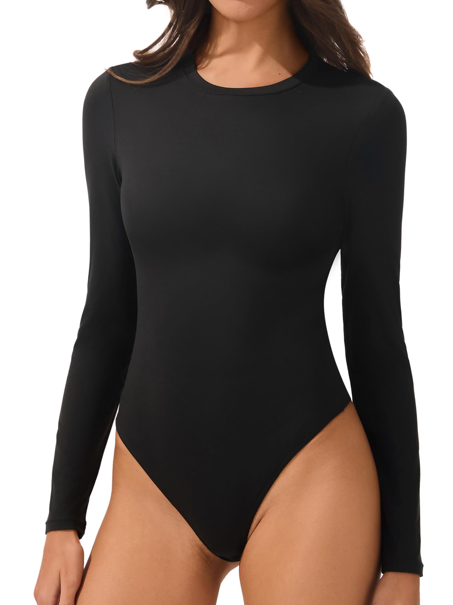 Women Round Neck Long Sleeve Fashion Tummy Control Double Lined Thong Bodysuit-image-19