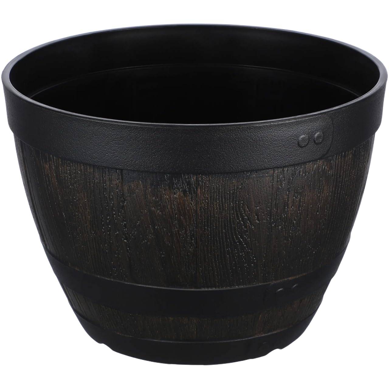 Alasum Large Plant Pots Outdoor Faux Wood Barrel Planter Heavy Duty Plastic Flower Pot Vintage Style Garden Troughs and Planters Container for House Plants Succulents Herbs 23cm Black