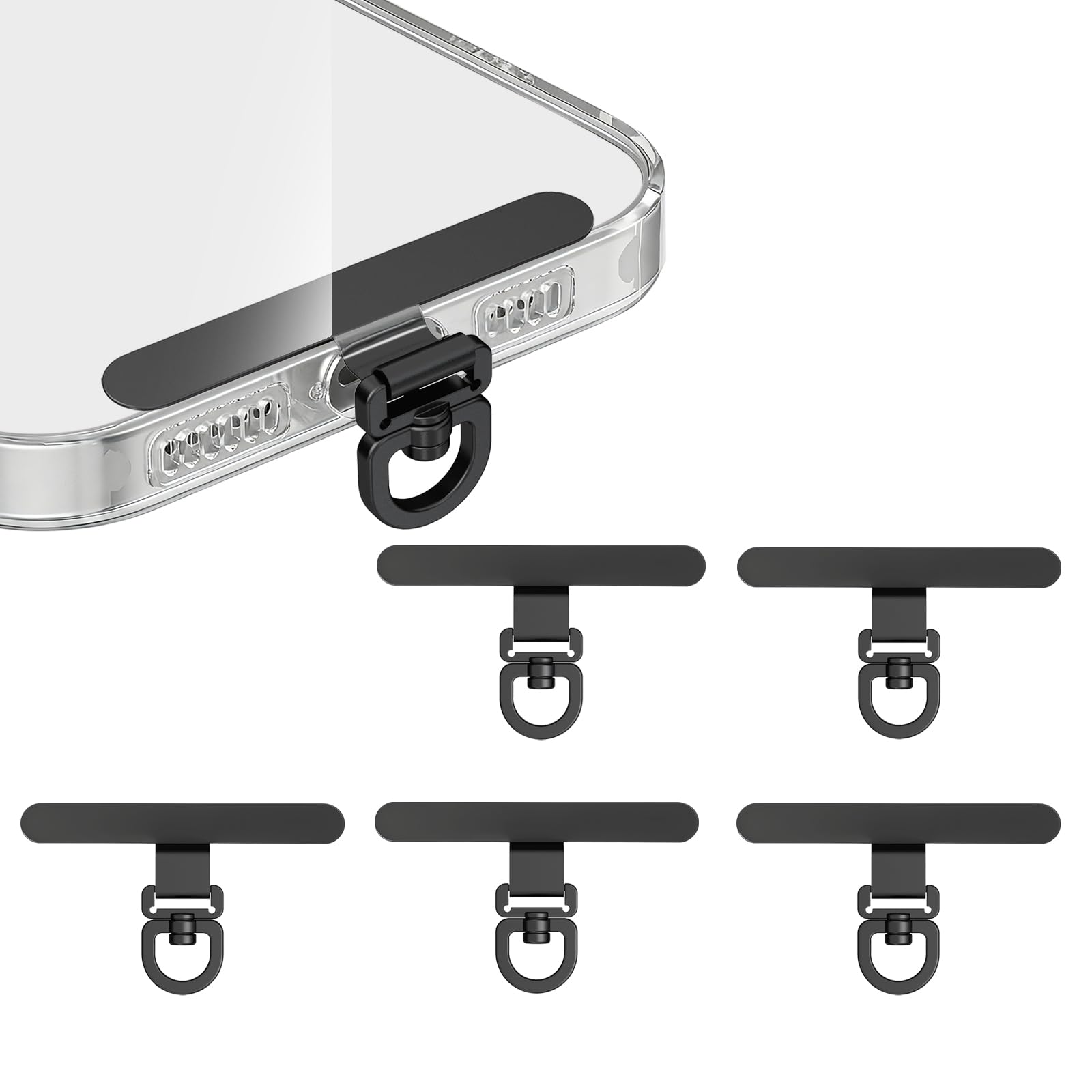 5個入り Heptour スマホ ストラップホルダー 極薄0.3mm ステンレス製 浮きにくい設計 携帯ストラップホルダー 金属製 薄型 丈夫 スマホケースに挟む 充電干渉なし iPhone android 全機種対応 落下紛失防止 ブラック
