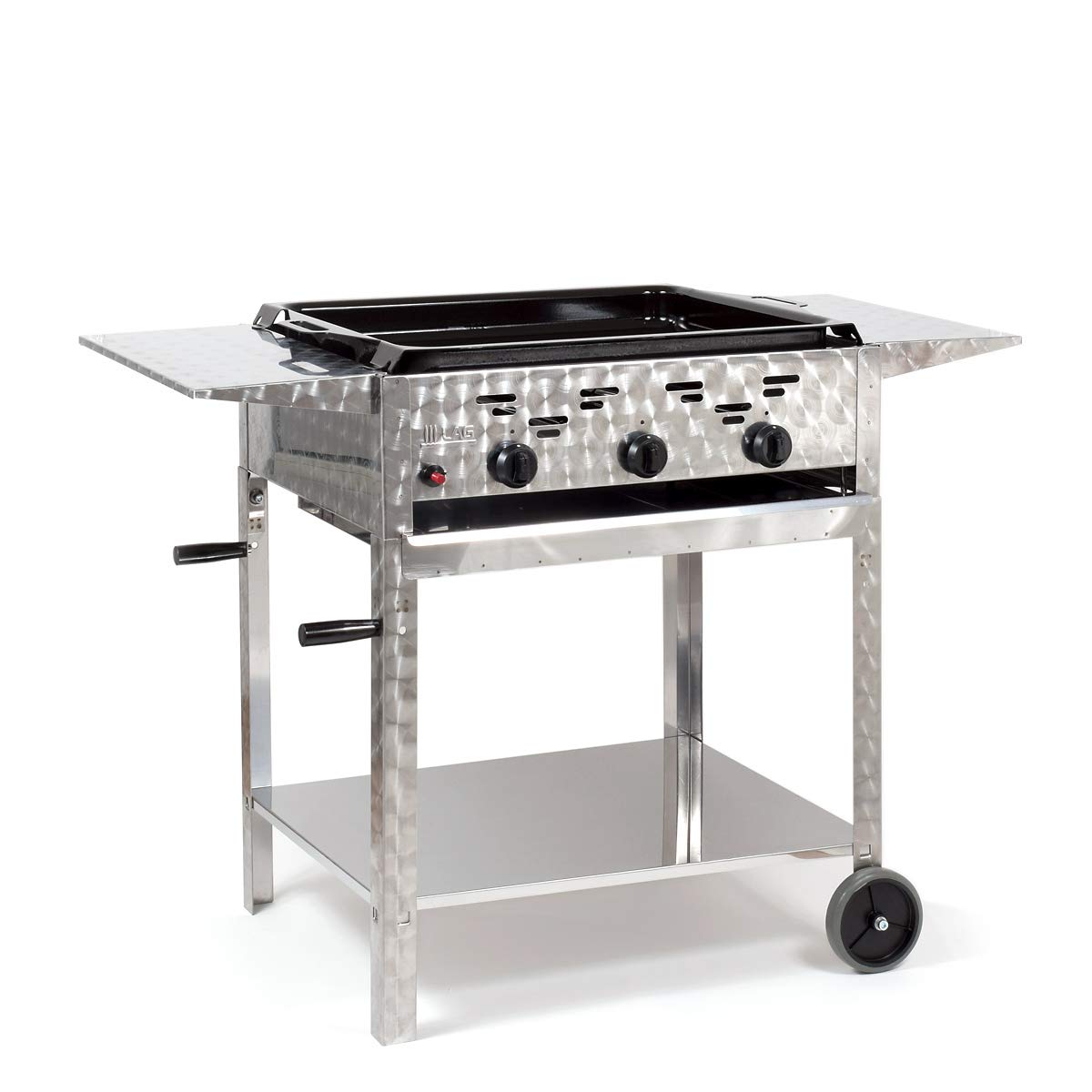 Gasbräter 11kW 3-flammiger Edelstahl-Brenner fahrbar mit emaillierter Stahlpfanne und Abstellplatten Gasgrill Gastrobräter Profigrill Verein