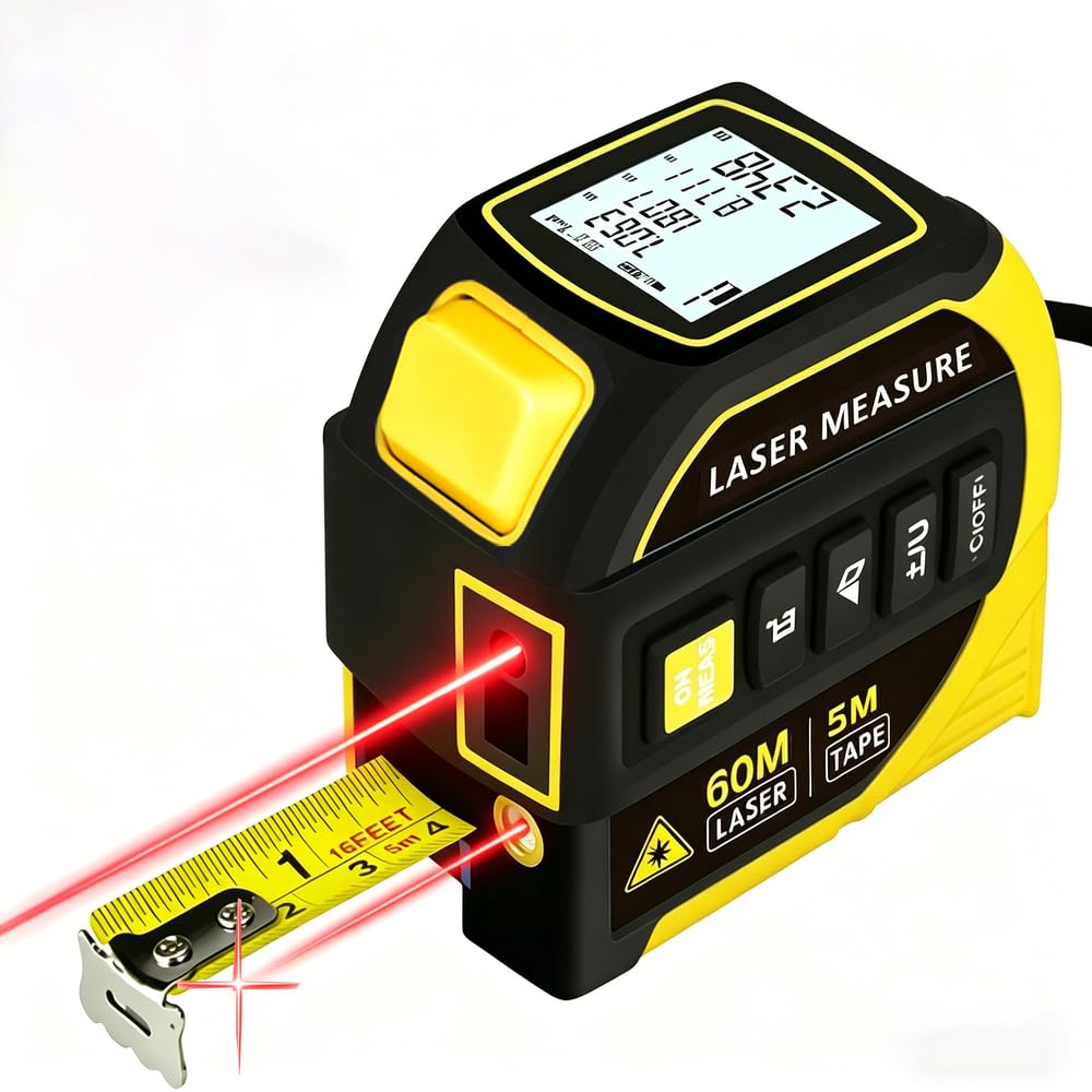 4-in-1 Laser Tape Measure,5m/16ft Steel Tape+40m/131ft-100m/328ft Laser Distance Measure with Cross Line & Dual Axis Angle, Digital Measuring Tool for Construction Woodworking DIY Home Improvement Yellow Laser Ranging：60m/196ft