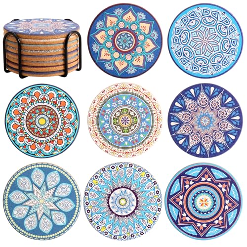 Cork Coasters Set of 8, Round Coasters for Drinks with Holder, Boho Colorful Coaster for Apartment Home Office Bar Coffee Table Decor, Birthday Gift for Mom (Mandala 10)
