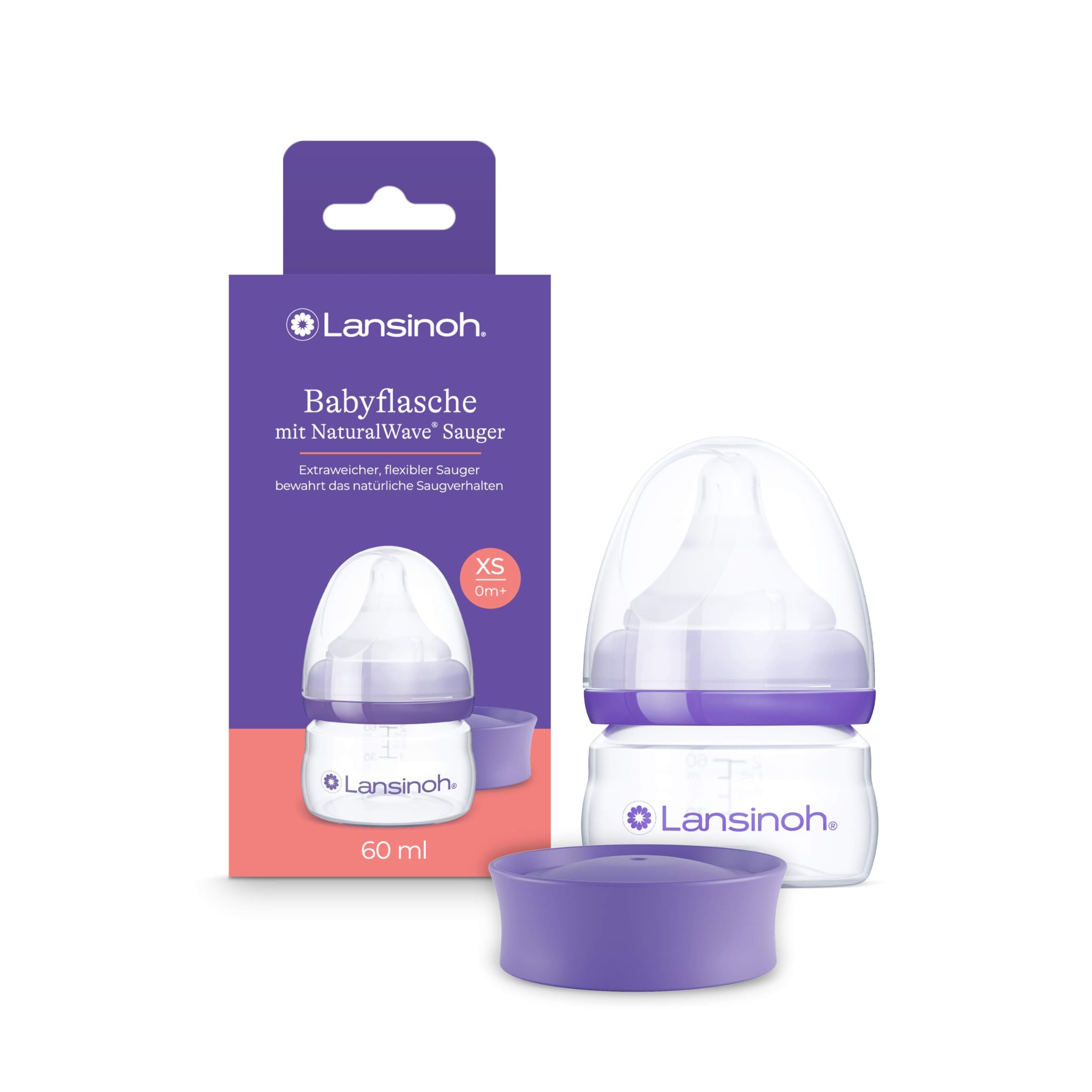 Lansinoh Babyflasche mit NaturalWave Sauger XS, 60 ml - für Frühchen und Neugeborene - Fütterung kleiner Trinkmengen - Anti Kolik Ventil & BPA frei