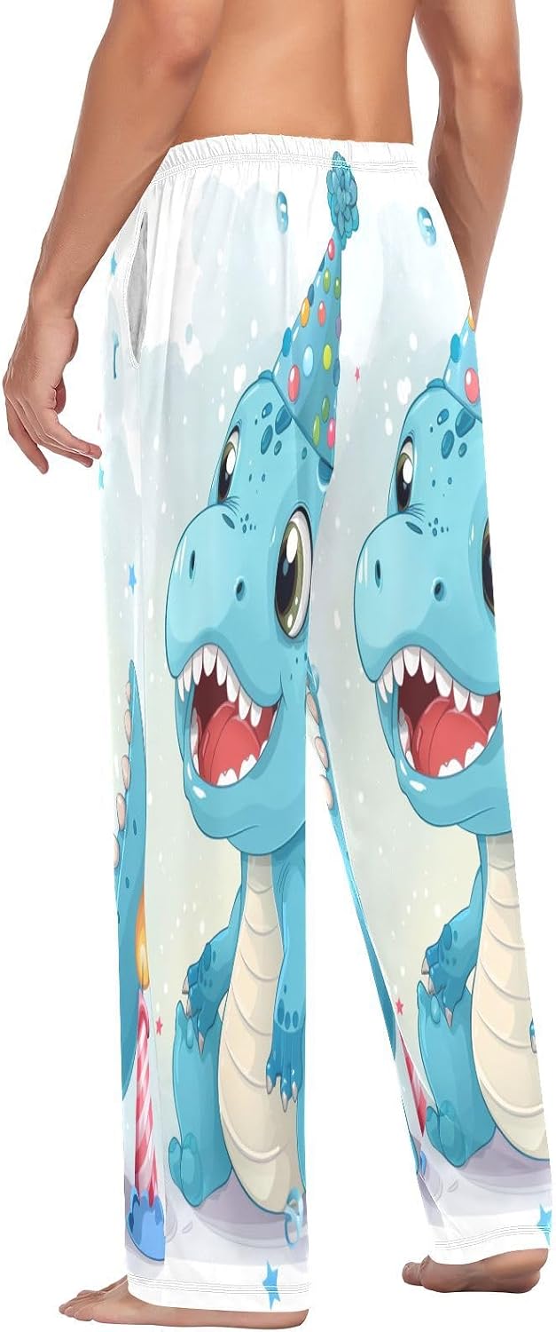 ALAZA Cute Dino Dinosaur Birthday Men's Pajama Pants Men Cotton Pajama Bottoms with Pockets, S