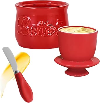 Round Butter Dish with Lid, French Butter with Knife for Soft Butter, Ceramic Butter Crock with Waterline - Porcelain Butter Dish - Dishwasher Safe  red