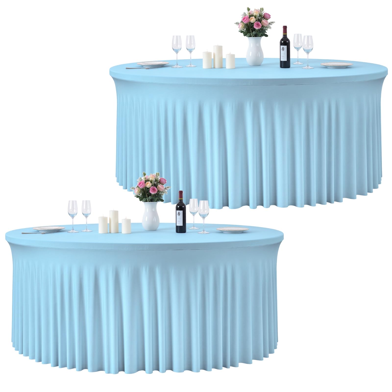 GALLETY 2 Pack Baby Blue Round Tablecloth for 5FT Tables, 120 inch Fitted Spandex Table Cloth with Skirt, Wrinkle Free Stretchy Circular Table Cover