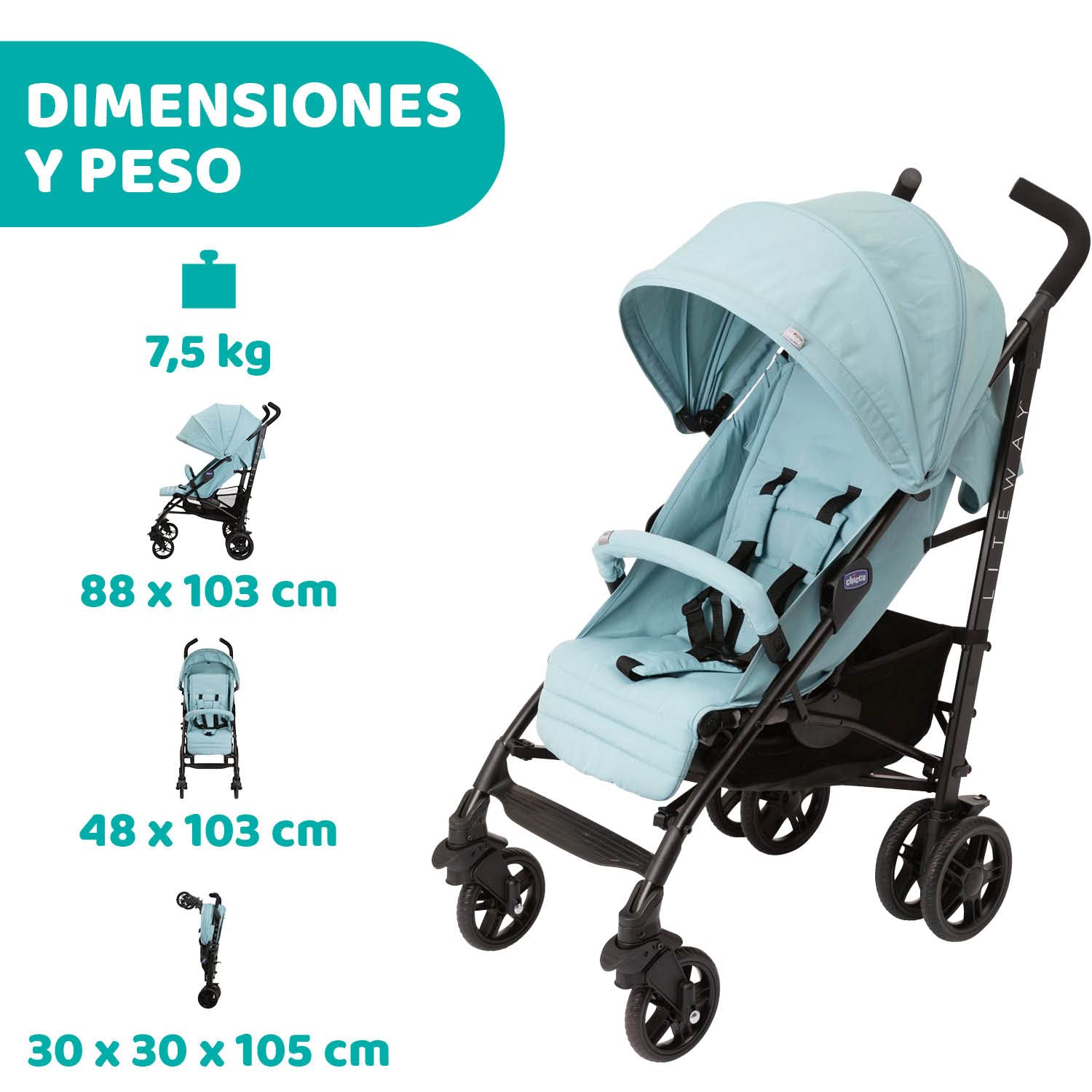 Chicco Silla de Paseo Liteway 4, Chasis de Aluminio Ligero, De 0 a 22Kg, Límite de Peso 25Kg, Manillas Acolchadas, Respaldo en 4 Posiciones, Reposapiernas, Capota XL Ajustable, Azul (Hydra)