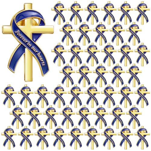 Image of Misdary Funeral Favors for Guests Funeral Memorial Pin Cross Ribbons Forever in Our Hearts Lapel Brooch Pin for Religious Christian Celebration of Life Mourning Remembrance Day