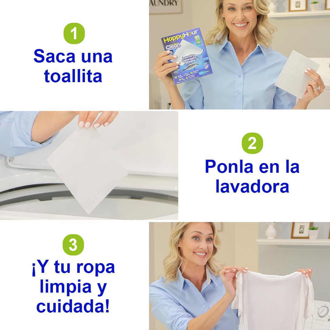 HAPPY HOUR, Tiras Detergente Lavadora (60 lavados carga completa) 100% Ecológico. Fácil de usar, económico. Ideal Viajes. Eficaz contra manchas en agua caliente/fría. Apto pieles sensibles. Pack 3x2