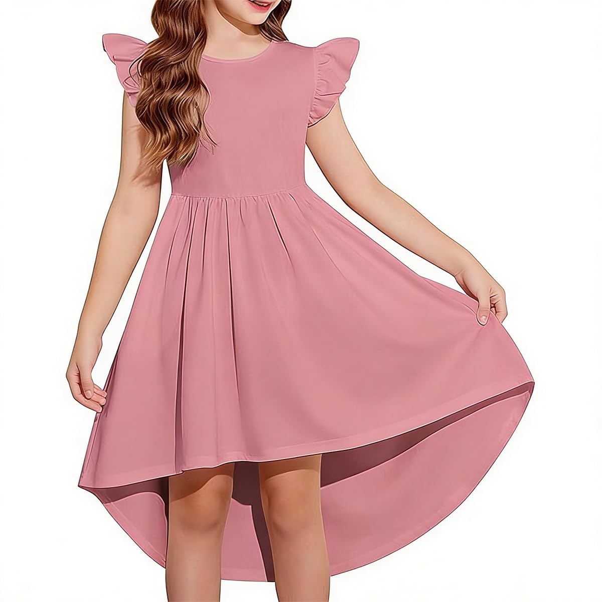 Vestido Niña Casual Corte A Dobladillo Asimétrico con Bolsillos Cuello Redondo Color Liso Elegante Vestidos para Fiesta — view 8