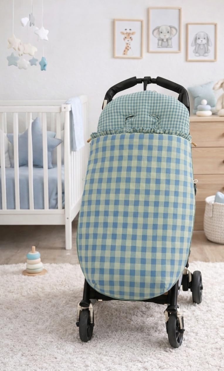 Nenel – Conjunto de Saco Silla de paseo Universal + Bolso Bombonera Personalizado – Conjunto Saco Universal + Bolsa para carrito bordada con nombre – Vichy y Algodón (Cuadros menta/azul empolvado)