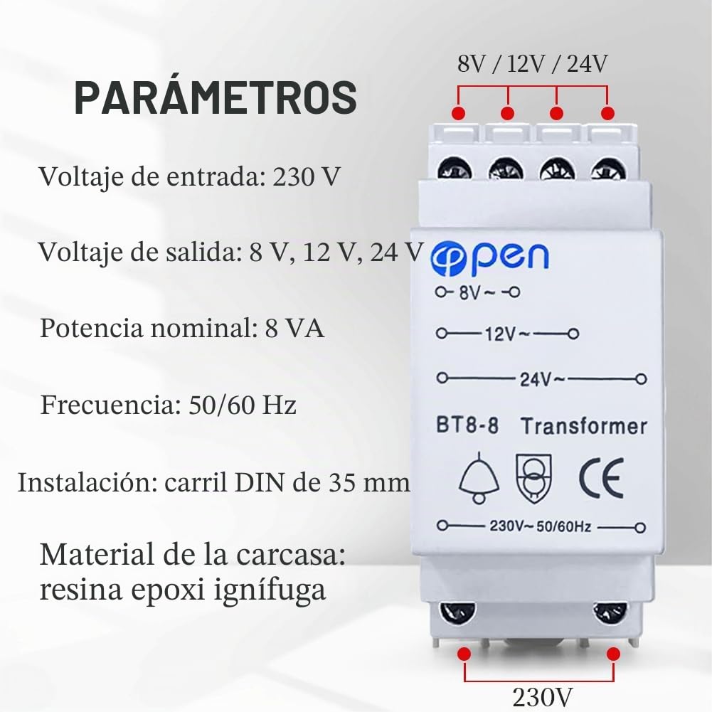 Transformador de Timbre, transformador para Timbres con Cable, Fuente de alimentación de riel DIN, 8V/12V/24V, Transformadors de Timbre Compatible Con Ring/Chime/timbre Inteligente (Blanco)