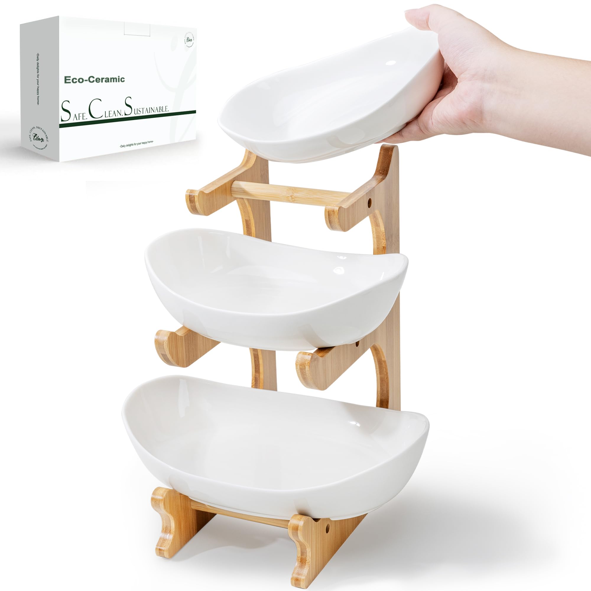 SEVEN SPARTA Fruit Bowl for Kitchen Counter - 3 Tier Ceramic Serving Bowls with Bamboo Stand, Tiered Fruit Basket for Fruit Vegetable Storage, Cake, Dessert, Nuts, Snack, Salad (Dishwasher safe)