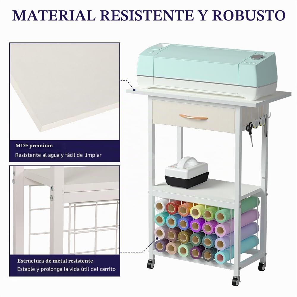 Organizadores y Almacenamiento Compatibles con Máquinas Cricut, Carrito de Almacenamiento para Manualidades con Cajón, Mesa para Manualidades con Soportes para Rollos de Vinilo, Estación de