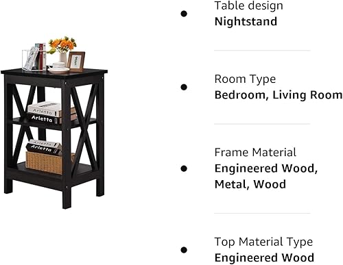 Miniatura 9 de VECELO Moderna mesa de noche X-Design, mesitas de noche con almacenamiento, mesa auxiliar versátil, fácil montaje, negro clásico