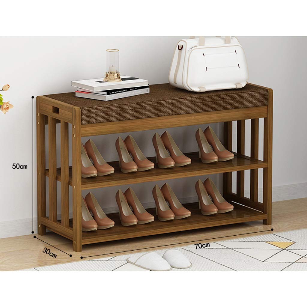 Banco zapatero de bambú natural de 2 niveles con cojín, organizador de zapatos perfecto y banco de almacenamiento para entrada, dormitorio y sala de estar, soporte de zapatos y asiento de