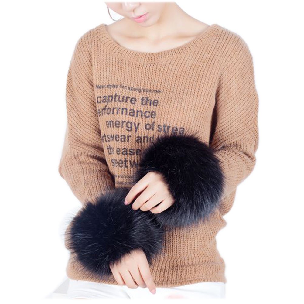 Modelshow Women's Black Plush Fluffy Imitation Faux Fox Fur Bracelet Wristband Sleeve Ring Cuffs Warmer (Black)
