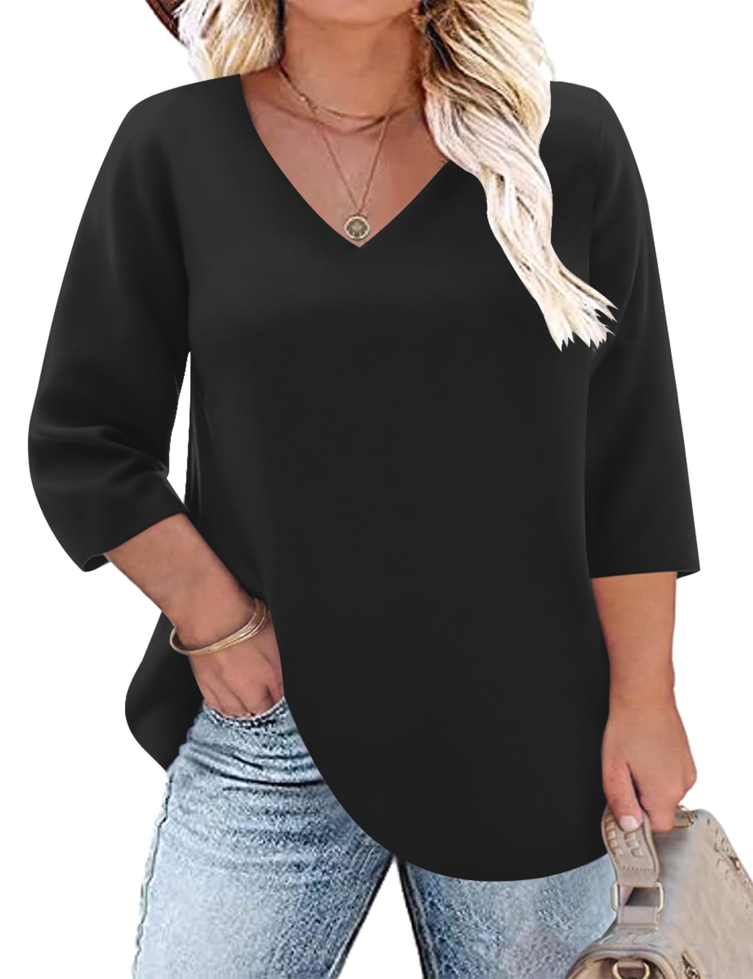 TFSDOD Womens Plus Size Tops V Neck T Shirts 3/4 Sleeve Blouse Summer Casual Tees XL-5X
