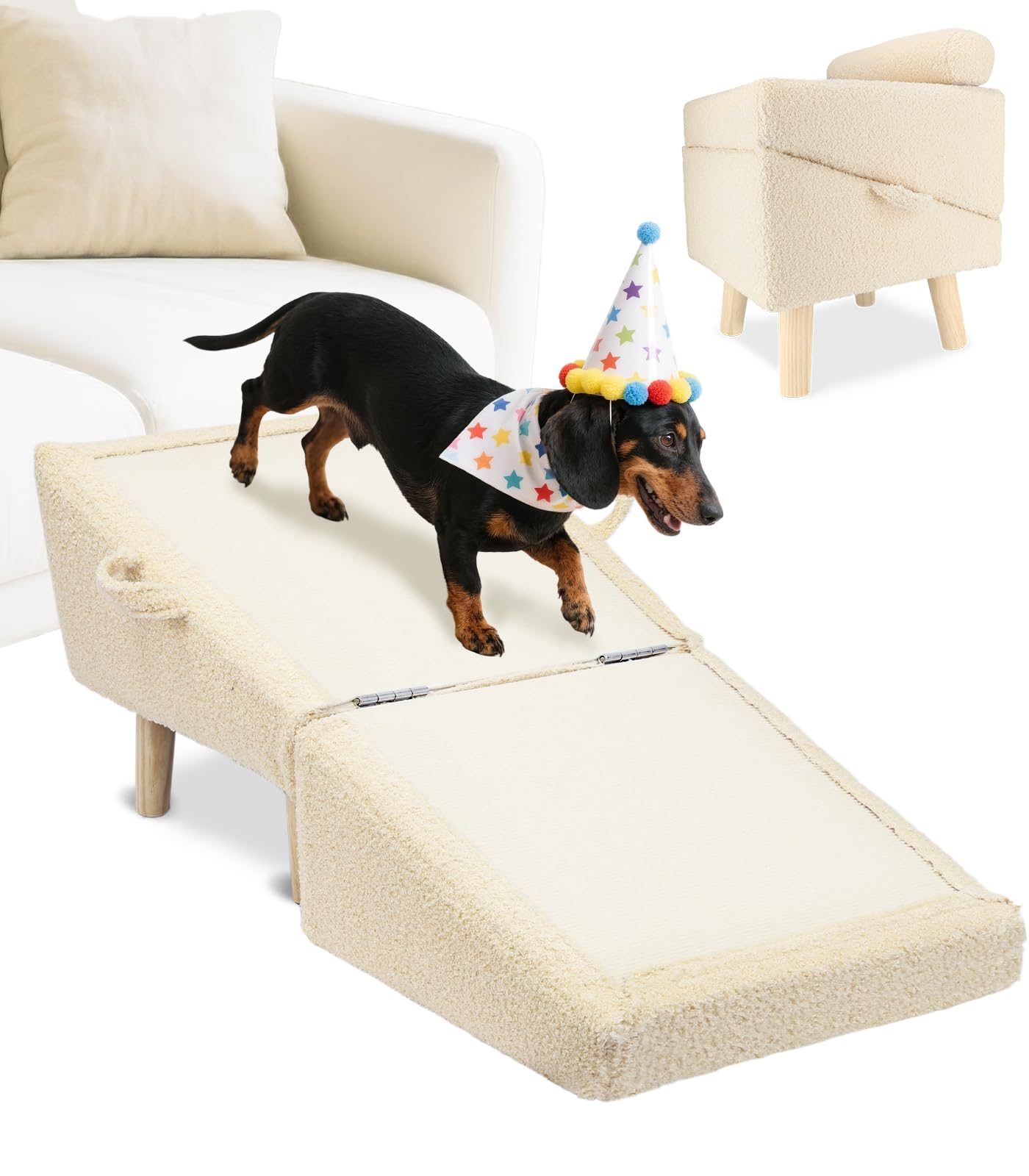 Dog Stairs for Small Dogs and Cats – 2-in-1 Dog Ramp for Couch and Low Bed, 16.5'' Foldable Wooden Pet Ramp, Sturdy Multi-Use Split Ottoman Design, Beige