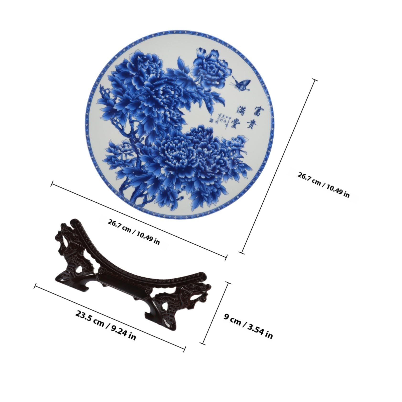 VANZACK Plato Decorativo de Cerámica Azul y White y Fácil de Limpiar con Soporte de Madera, Diseño Artístico Único para Decoración y Obsequio