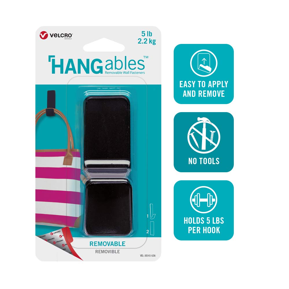 VELCRO Brand VEL-30141-USA HANGables Easy-to-Remove Wall Fasteners | Damage-Free, Non-Permanent Hooks, Black, L
