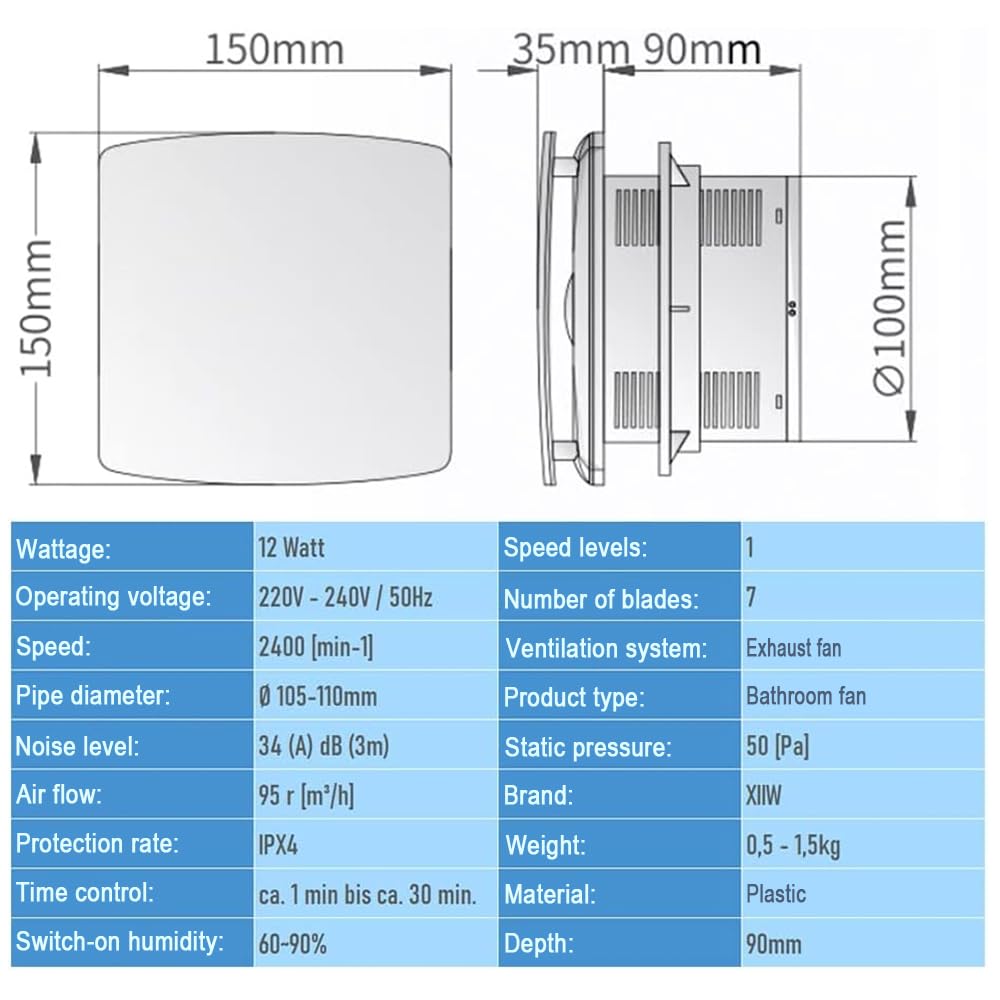 XIIW Silent Bathroom Extractor Fan with Timer, 4'' / 100mm Bathroom Fan with Backflow Flap, 95m³/h, Silver, 100mm - Silver - Timer - Image 2