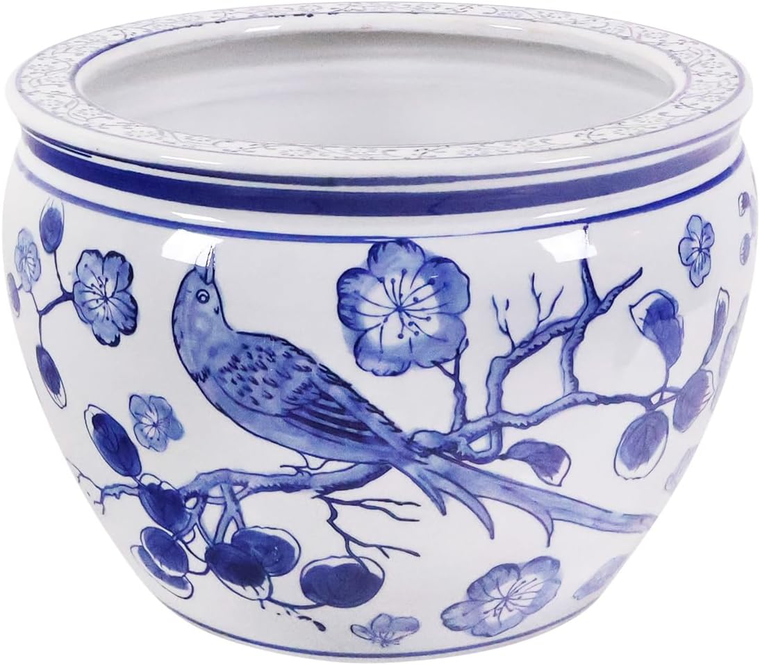 Garden Planter Blue and White Chinese Porcelain with Bird and Flower 12" Wide