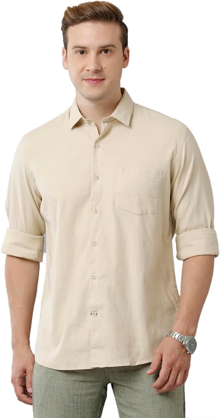 Linen ClubMen's Pure Linen Natural/Brown Solid Regular Fit Full Sleeve Casual Shirt