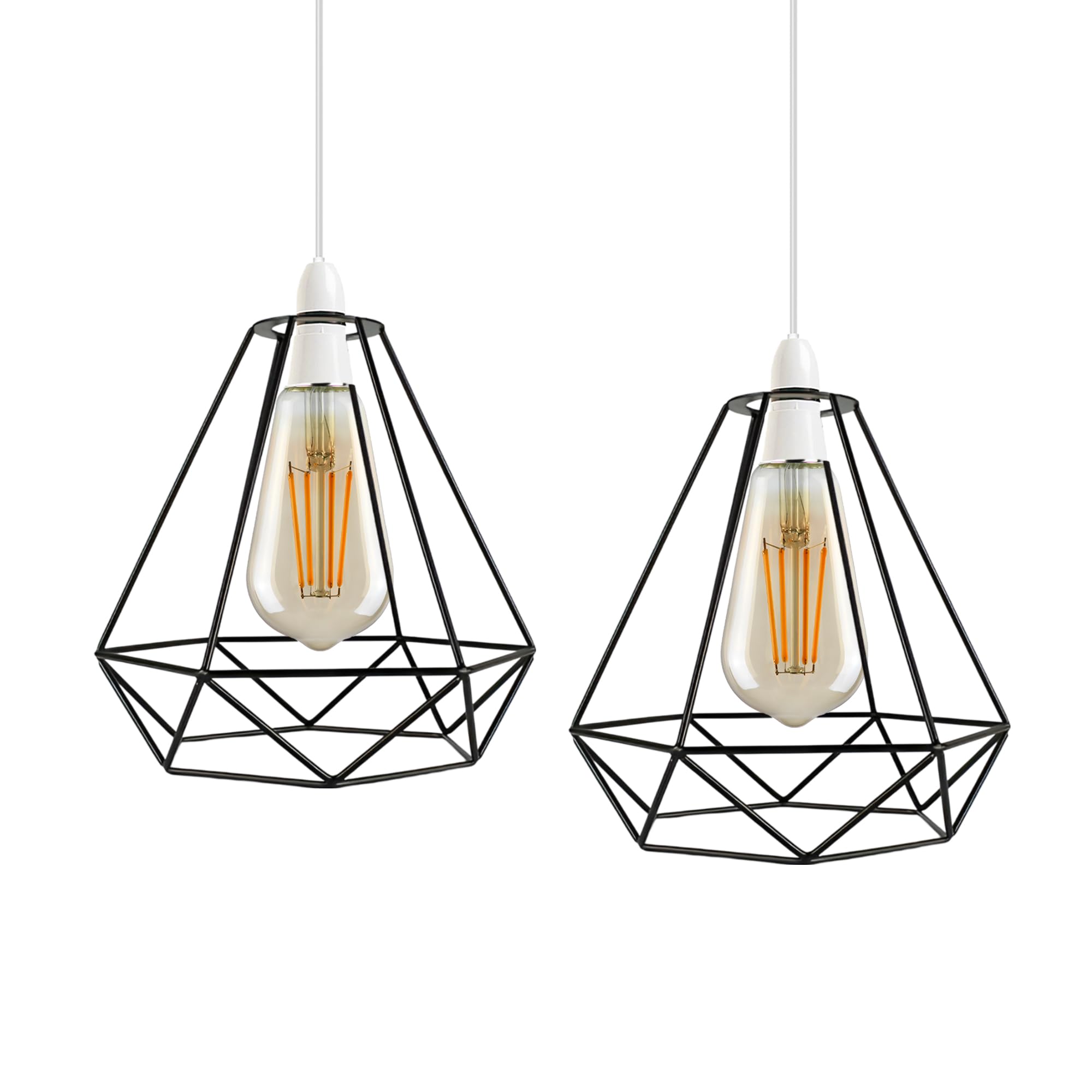 2-Pack Black Modern Geometric Diamond Pendant Lampshades - Metal Wire Cage