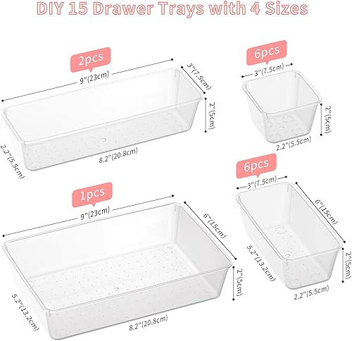 Miniatura 5 de Juego de 15 organizadores de cajones de plástico transparente, 4 tamaños versátiles para organizar cajones de baño y bandejas de almacenamiento,