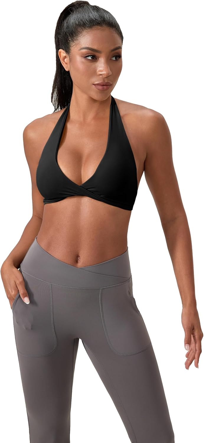 Sports Bra for Women Seamless Halter Padded Yoga Bras Backless Gym Workout Crop Tank with Built in Pads Black - Image 3