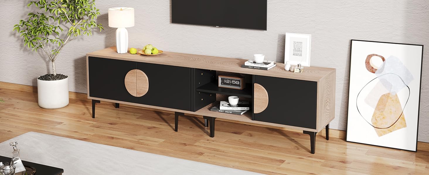 Mueble bajo para TV con 3 puertas y 7 patas, 180 cm, madera negra