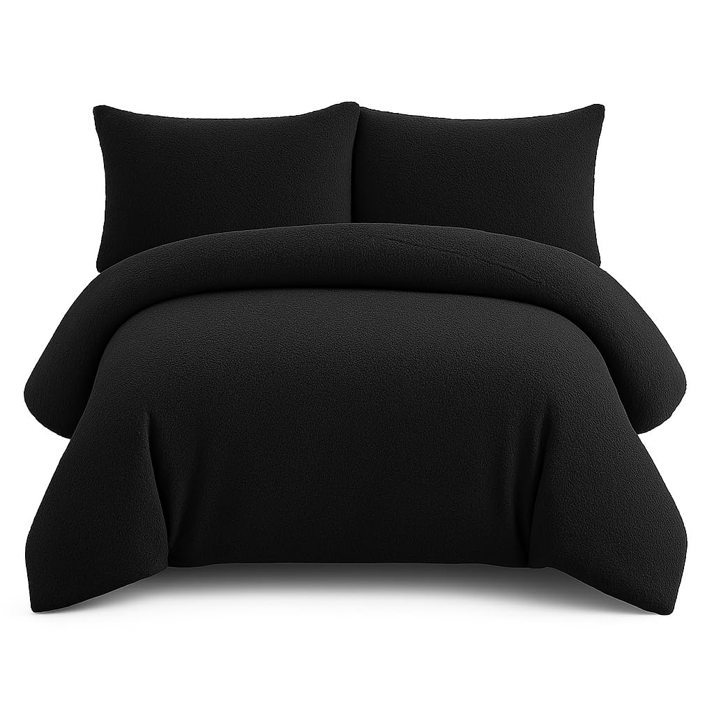 Bella Nights Teddy Bear Fleece Duvet Cover Set – Thermal Warm & Cosy Soft Fur Bedding with Pillowcases – Winter Duvet Set (Black, Single)
